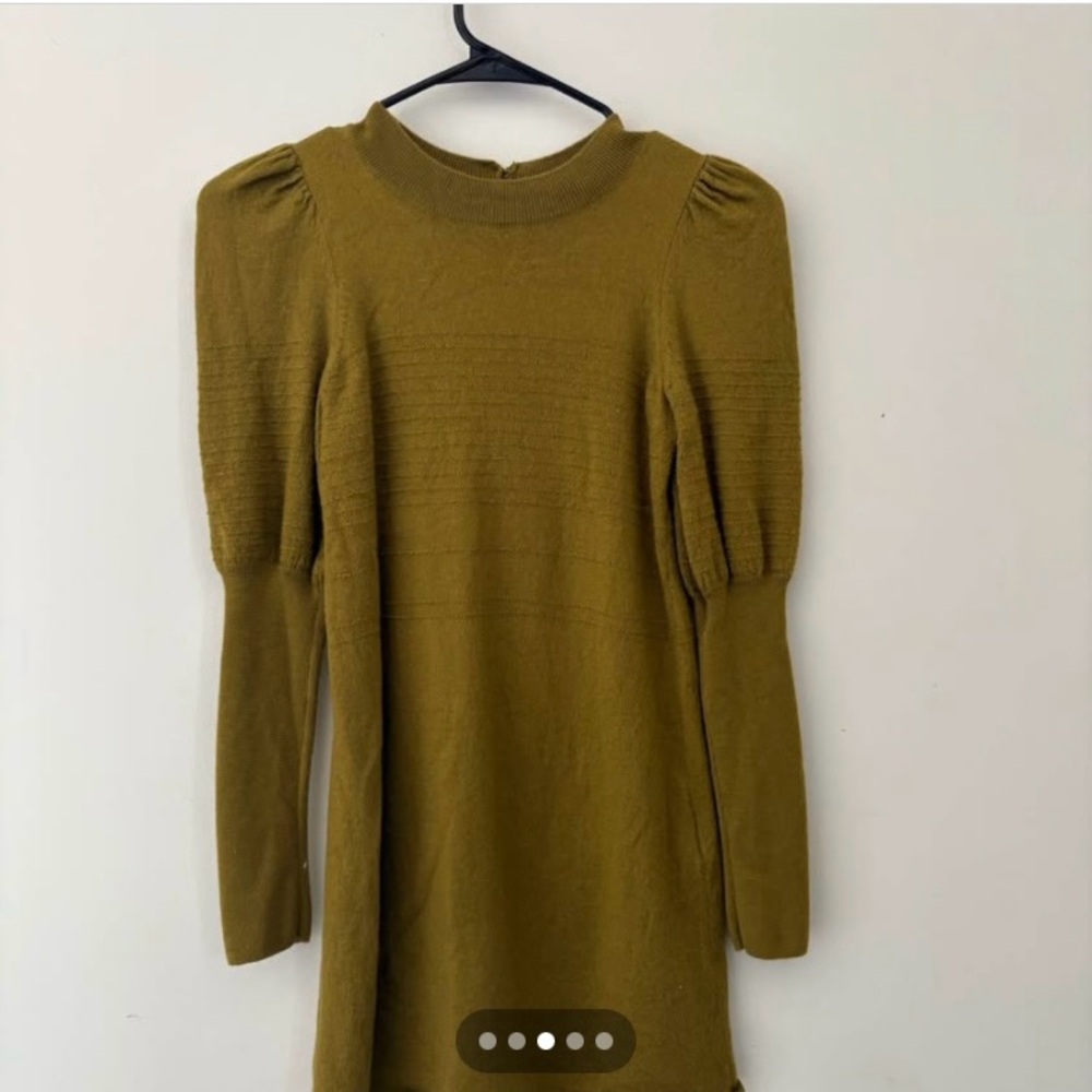 Sezane Green Mock Neck Bishop Sleeve Sweater Dress